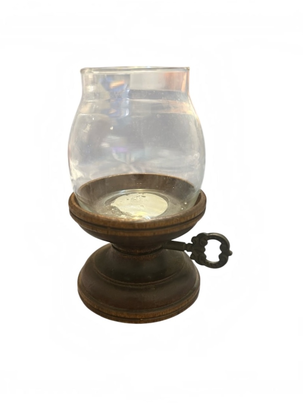 vintage MCM small early American wood and glass hurricane candle holder